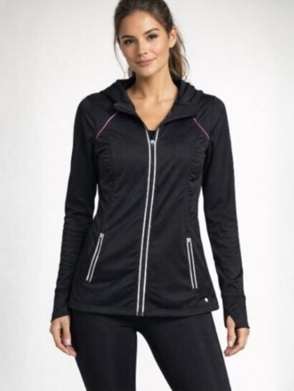 Ideology Women's Black Zip Front Athletic Running Hoodie Jacket Reflective Trim
